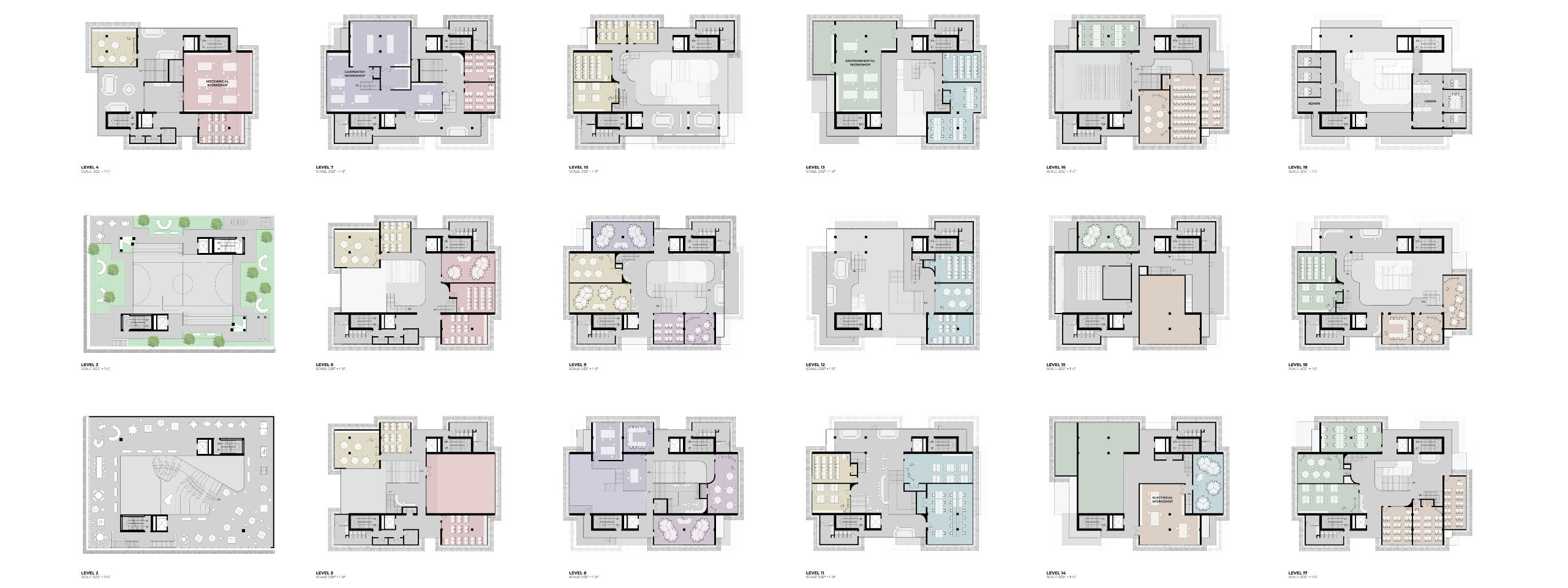 Floor plans for each level, color-coded to indicate the varying modules of learning and their overlaps across levels.